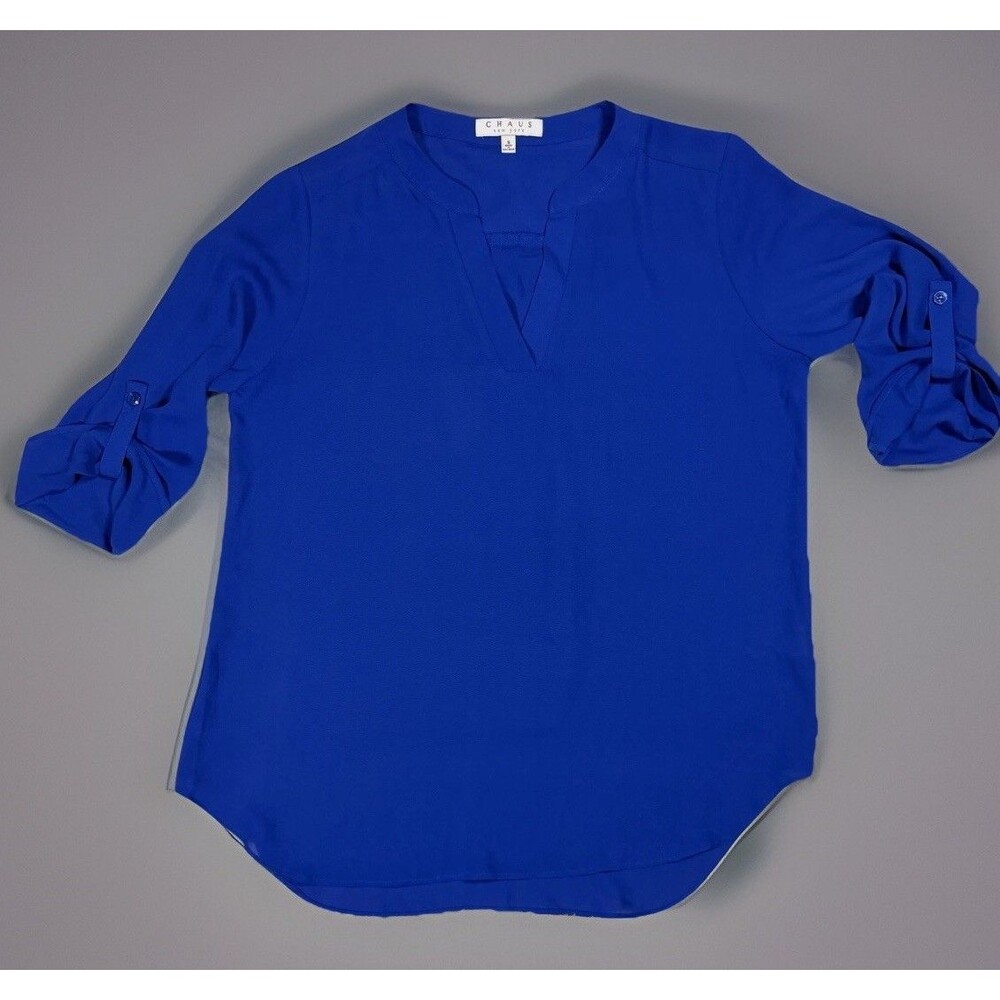 Chaus New York Blouse Womens S Cobalt Blue Roll Tab Sleeve Split Neck Tunic